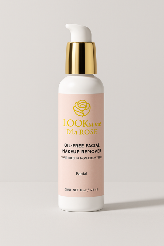 LOOK at me D’la ROSE Oil-Free Facial Makeup Remover – 6 oz (178 ml) bottle with gold cap, pink label, and lightweight oil-free formula.